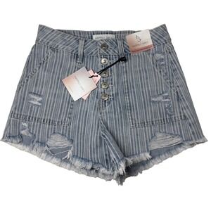 Happily Grey Super High Rise Wedge Striped Distressed Denim Shorts Blue White 25